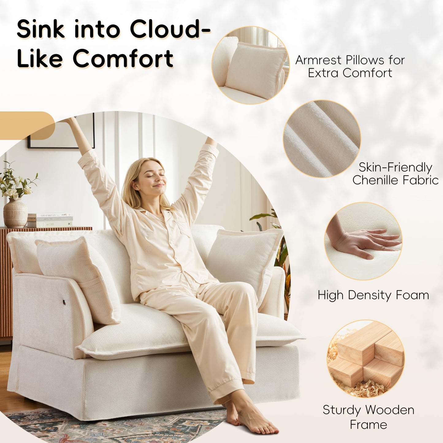ERYE 47" Chenille Upholstered Accent Chair Wide Seat Armchair for Living Room Bedroom, Modern Upholstered Armchair W/ 2 Pillows and USB-C Ports for Home Apartment Office