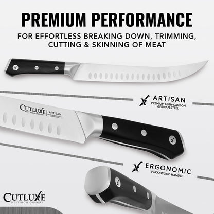 Cutluxe Butcher Knife – 10″ Cimeter Breaking Knife, Razor Sharp Forged High Carbon German Steel, Full Tang Meat Carving Knife, Ergonomic Handle Design, Grilling Gifts for Men – Artisan Series