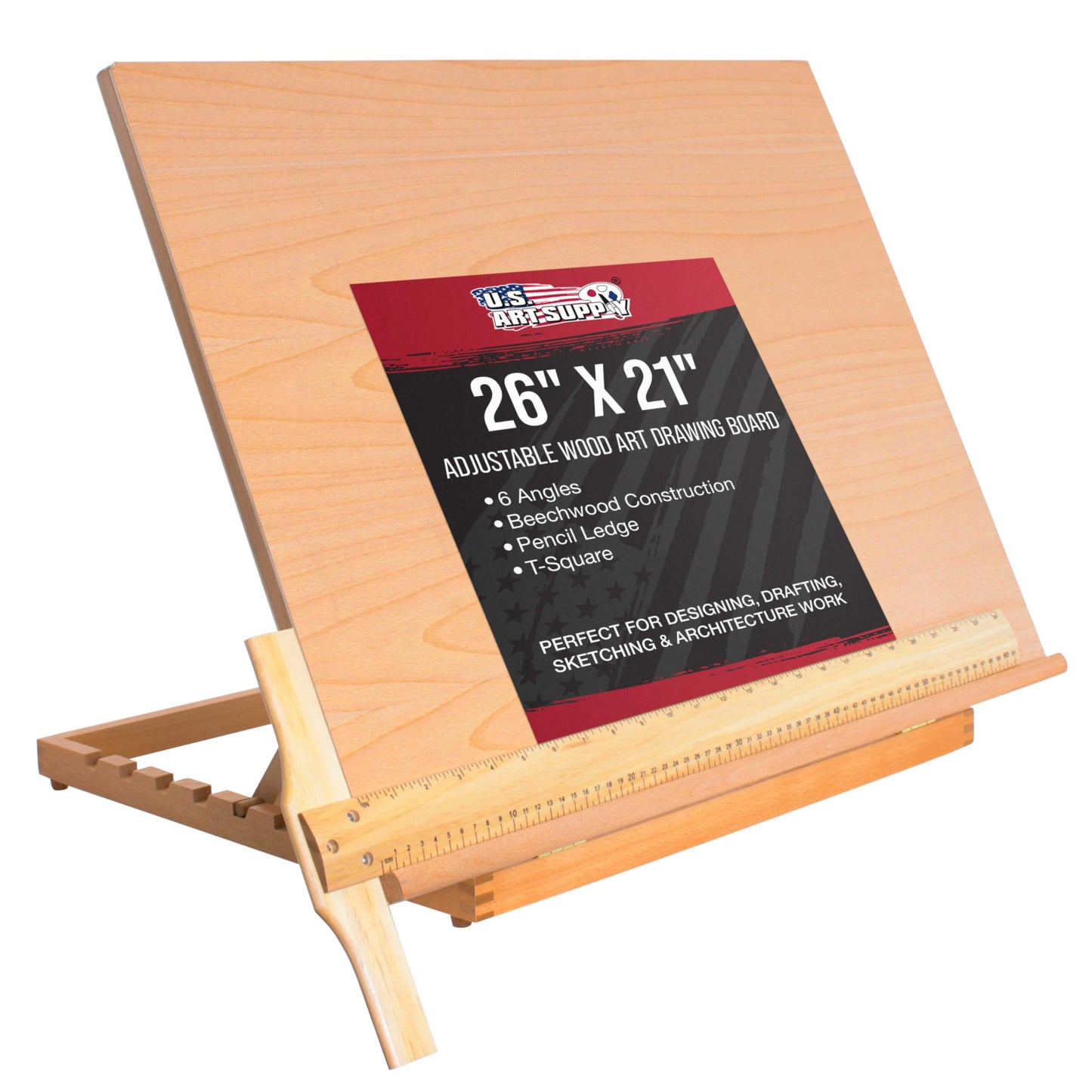 U.S. Art Supply X-Large 26" x 21" Wooden Drawing Board, Adjustable Table Top Easel for Painting and Drawing - Drafting Board with T-Square, Pencil Ledge