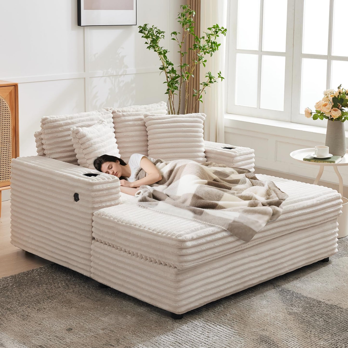 GarveeHome 60-inchOversized Chaise Lounge Chair Indoor, Comfy Corduroy Lounge Sofa with Charging Station, Cup Holders & Throw Pillows, Cozy Sleeper Couch for Living Room Apartments, Beige