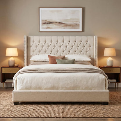 Madison Park Amelia Upholstered Headboard | Nail Head Trim Wingback Button Tufted | King, Cream