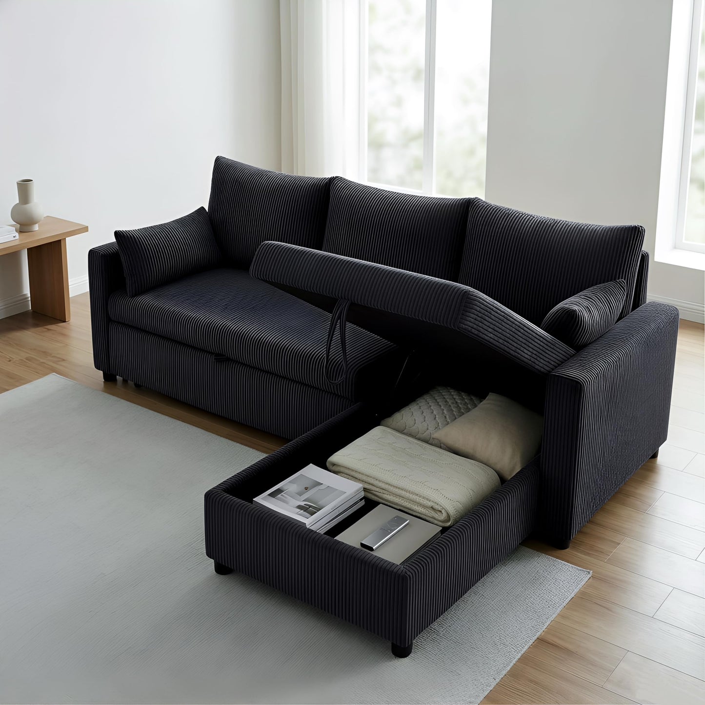 Trygoal Sectional Sleeper Sofa with Pull Out Bed, L Shape Convertible Sofa Bed Couch with Storage Chaise, 3 in 1 Pull Out Sofa Bed with 3 Seats for Living Room,Apartment, Black, 85Inch