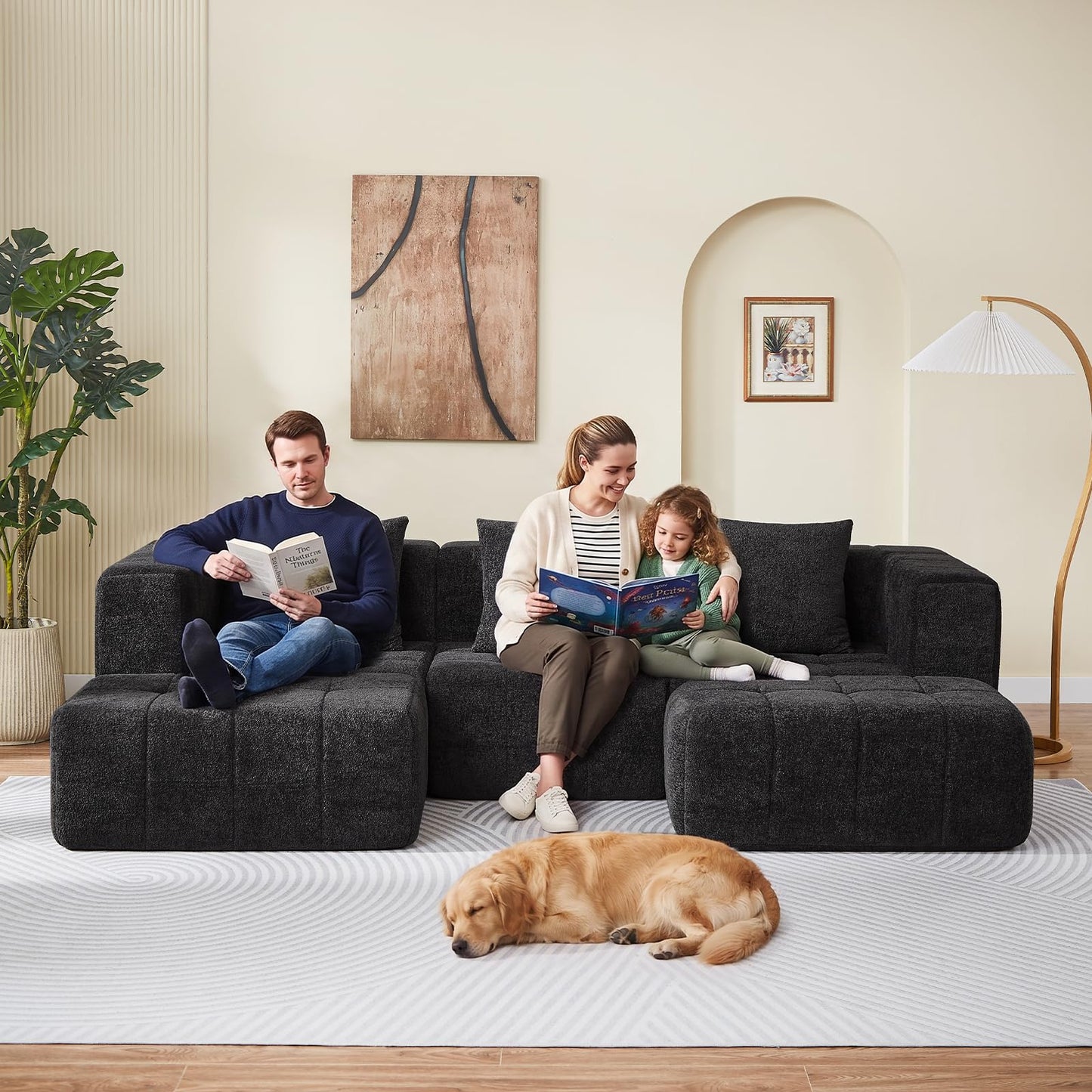 Housiney Modular Sectional Sofa with Deep Seat, 98'' 5 Seater Boneless Cloud Couch with Ottoman, No Assembly Required, Modern Plush Corduroy Cloud Couches for Living Room & Apartment, Black