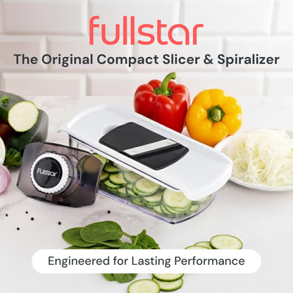 Fullstar Mandoline Slicer for Kitchen, Fruit Cutter, Cheese Grater, Cucumber Slicer, Veggie Spiralizer, Food Cutter & Kitchen Gadgets & Gifts with Safety Glove (6 in 1, White)