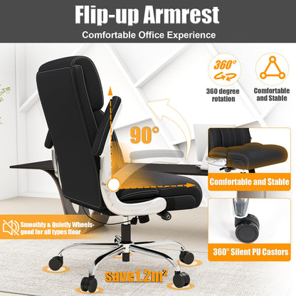 Ergonomic Leather Office Chair with Adjustable Lumbar Support, Flip-Up Armrests Desk Computer Chair, Swivel PC Chair with Rocking Function