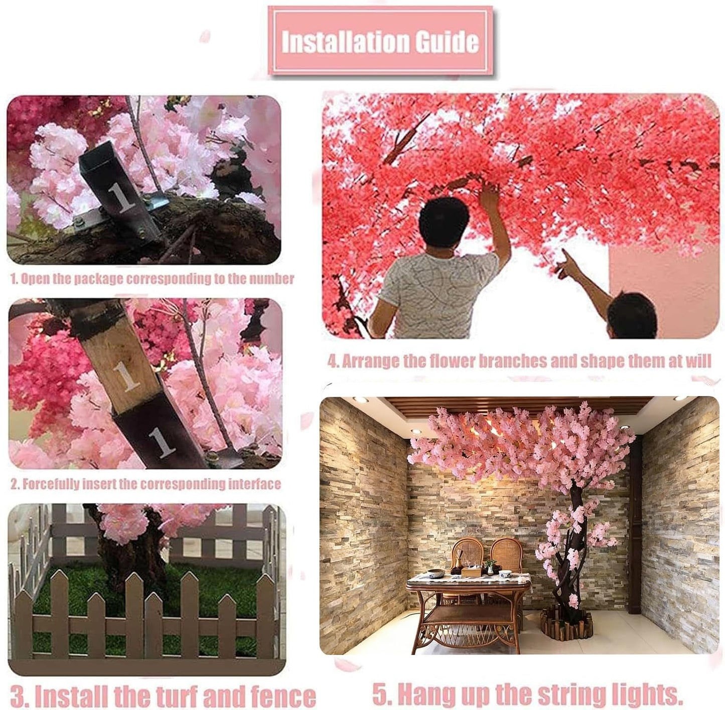Artificial Cherry Blossom Tree Lifelike Non-Fading Japanese Faux Cherry Tree Cloth Plastic Suitable For Indoor Outdoor Home Decor Hotels Parks Offices Commercial Venues Seasonal Decoration,Pink,6.5ftX