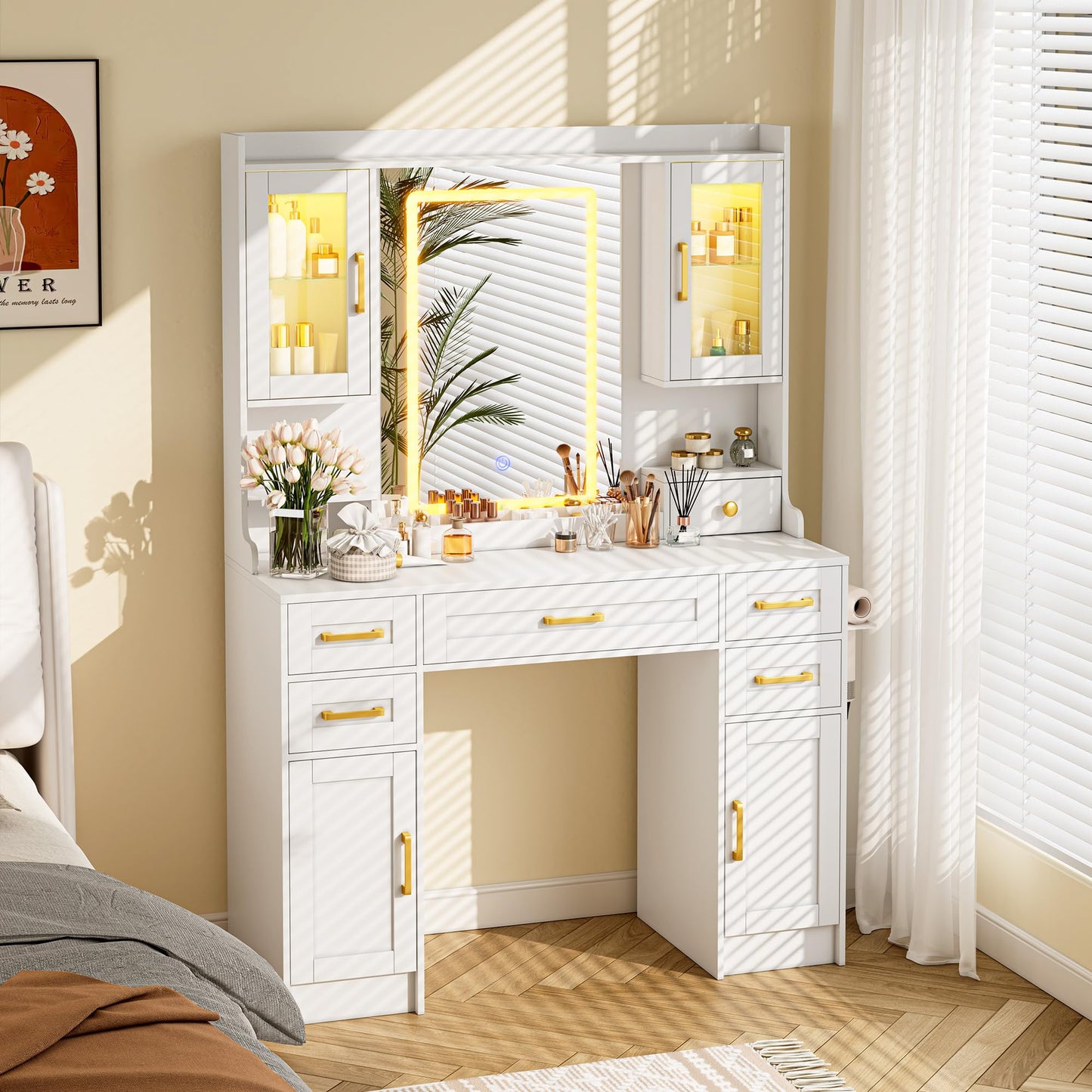 YBXGO Vanity Desk with Mirror and Light, Makeup Vanity Table with Drawer and Storage Dresser, 3 Lighting Modes Adjustable Brightness, Bedroom Dressing Table