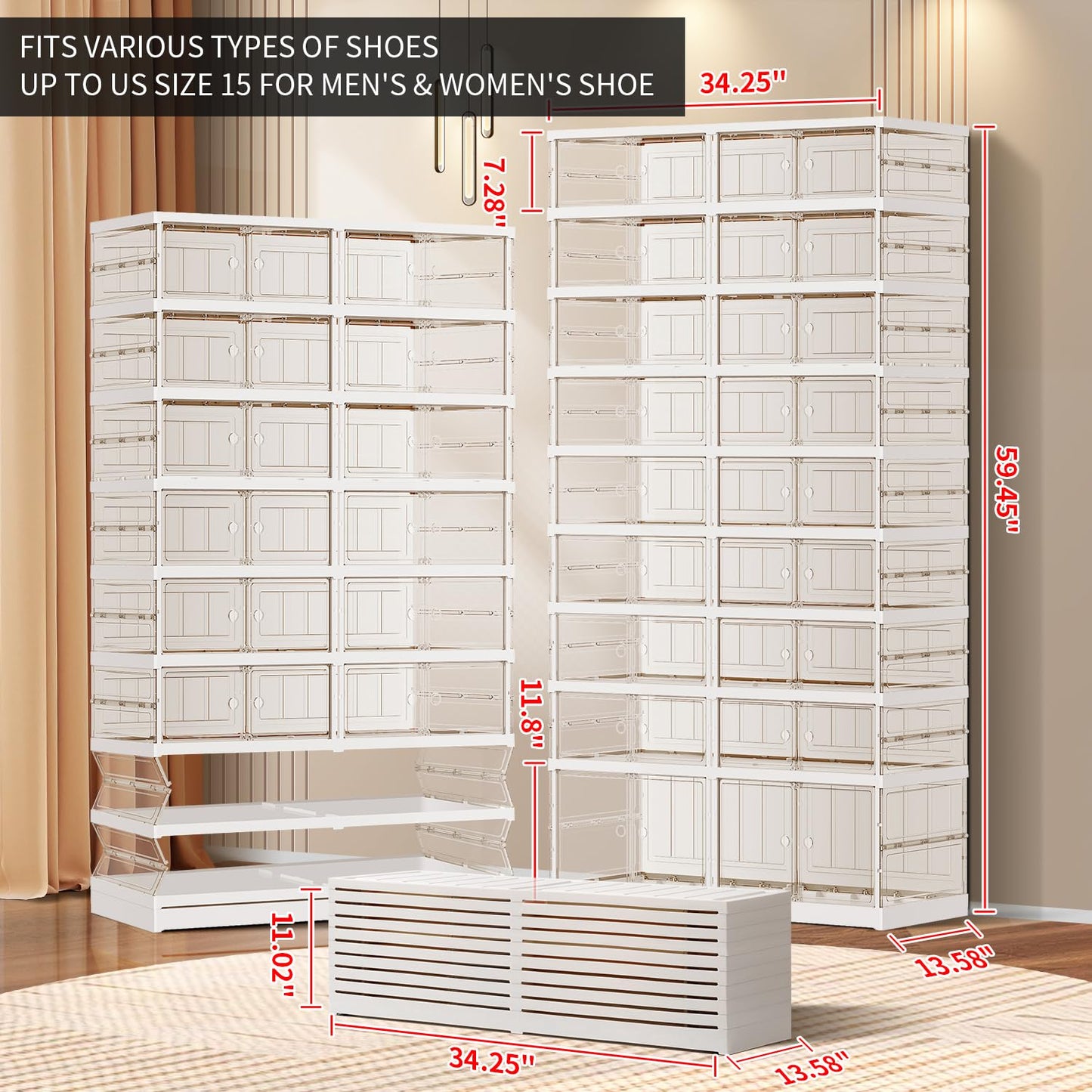 CIMLORD 9-Tier Foldable Shoe Rack for Closet Entryway 18-36Pairs,Stackable Clear Shoe Storage Boxes Organizer with Door Plastic Shoe Cabinet Bins with Lids Shoes Shelf Easy Assembly Large White