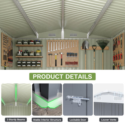 Greesum 10x12 FT Outdoor Storage Shed, Weather-Resistant Metal Tool Shed with Lockable Doors & Ventilation for Patio, Backyard, Poolside (Gray)