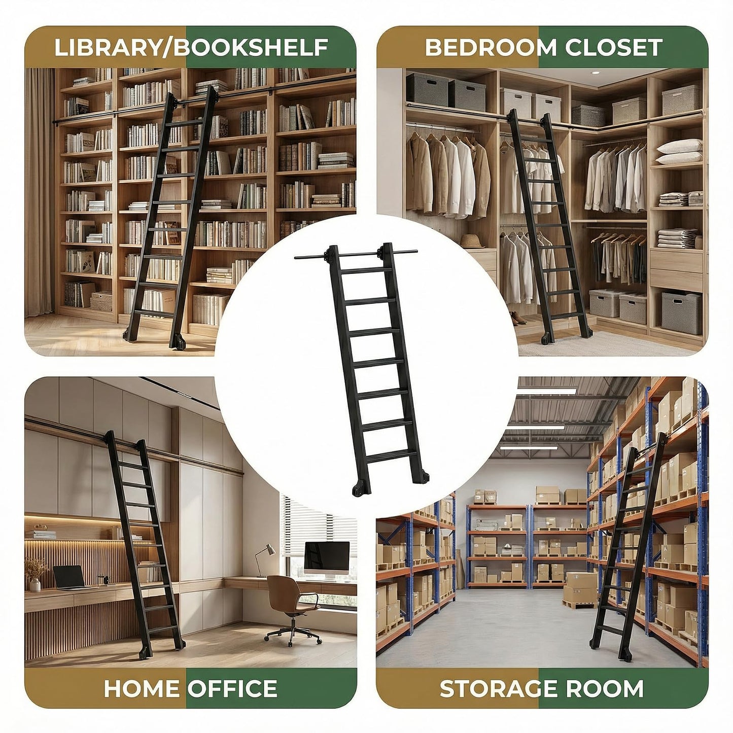 96" Rolling Library Metal Step Ladder, 8-Step Portable 330lb Heavy Duty Black Movable Ladder, 4FT Sliding Hardware Track Kit Bottom Wheel Included, for Kitchen, Loft, Warehouses and Bookstore