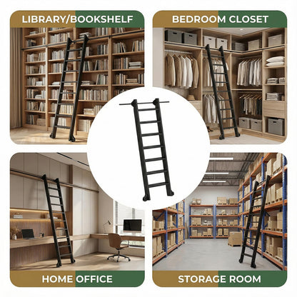 96" Rolling Library Metal Step Ladder, 8-Step Portable 330lb Heavy Duty Black Movable Ladder, 4FT Sliding Hardware Track Kit Bottom Wheel Included, for Kitchen, Loft, Warehouses and Bookstore