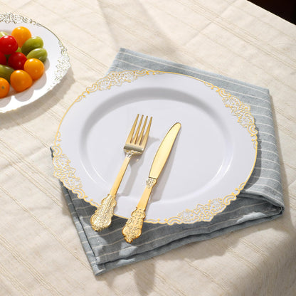 Goodluck 250 PCS Vintage White & Gold Rim Plastic Plates with Cutlery Set - Serves 50 - Heavy Duty Elegant Disposable Dinnerware for Formal Wedding, Catering, Upscale Party