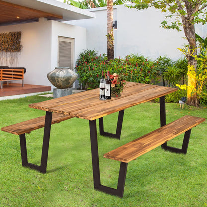 Giantex Picnic Table Bench Set for 6 or 8, 70.5" Acacia Wood Outdoor Dining Table Set, 2" Umbrella Hole, 1600 LBS Capacity, Heavy Duty Metal Frame, Large Beer Table for Patio Lawn Garden, Patented