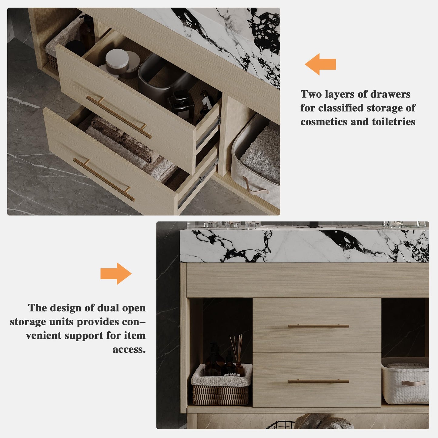 KEIKI 29.9" Bathroom Vanity with Undermount Sink Combo, Modern Floating Vanity Cabinet with 2 Drawers & Open Side Shelves, Storage Wall Mounted Cabinet for Small Space, Apricot‌ Marbe