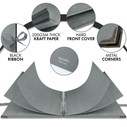 Bstorify Square Scrapbook Photo Albums 60 Pages (21 x 21 Cm) Grey Thick Paper, Hardcover, Metal Corners, Ribbon Closure - Ideal for Your Scrapbooking Albums, Art & Craft Projects (Grey, 21 x 21 Cm)