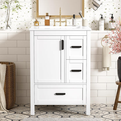Favfurish 24" Bathroom Vanity with Ceramic Sink,Freestanding Bathroom Vanities with Soft-Closing Door and Double-Layer Door Shelf,Modern Bath Storage Cabinet w/ 3 Drawers,White
