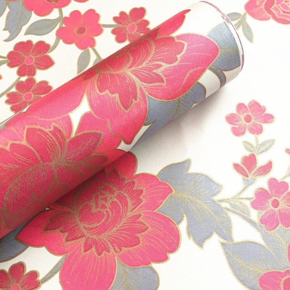 Vintage Floral Adhesive Paper Vinyl Shelf Liner, Peel Stick Dresser Drawer Sticker, 17.7inch by 118inch (Red)