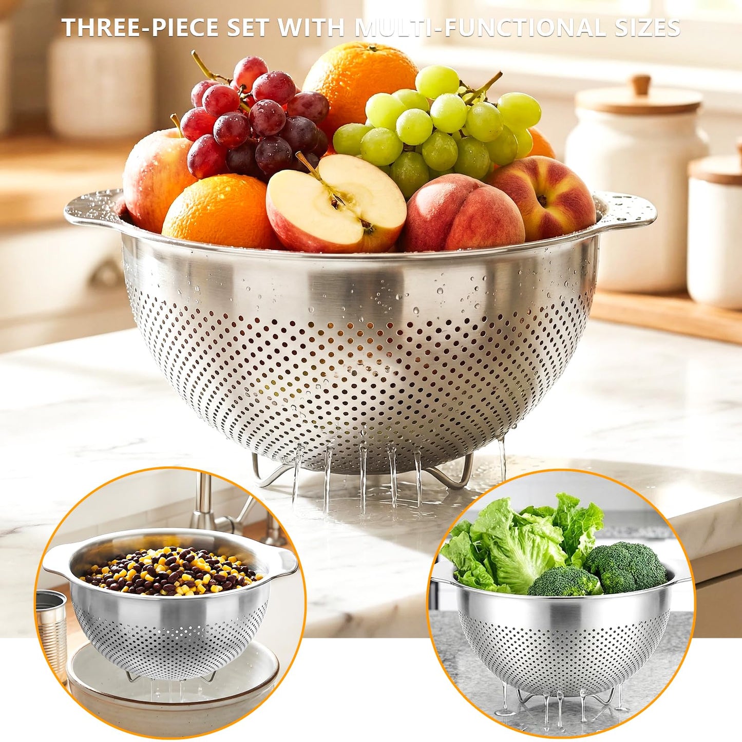 QBGSFSYG 18/8 Stainless Steel Colander for Kitchen - Fine Mesh Strainer with Handle - Rice Strainer Fine Mesh for Vegetables, Fruits, Eggs, Noodles and Pasta, Collander, Dishwasher Safe (4QT)