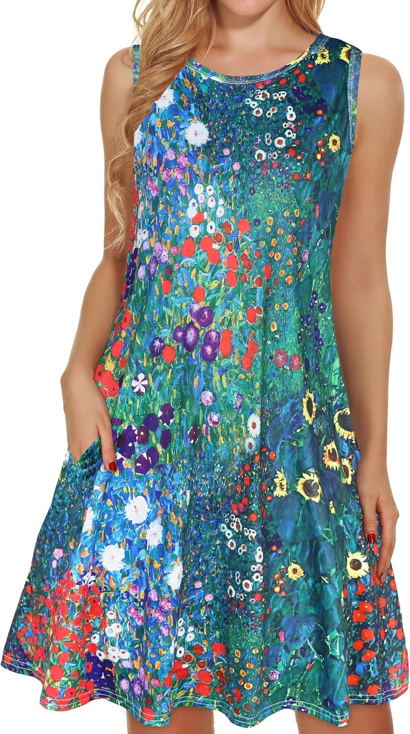elescat Women's Summer Dresses 2025 Beach Casual Sleeveless Floral Print Tank Loose Sundress with Pocket