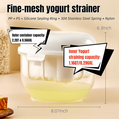 Yogurt Strainer with Spring-[2.2QT/0.56GAL] Large Capacity, [1.16QT/0.29GAL] Filter Volume, 304 Stainless Steel Mesh Yogurt Maker, BPA-Free Detachable Greek Yogurt Strainer for Homemade Thick Yogurt