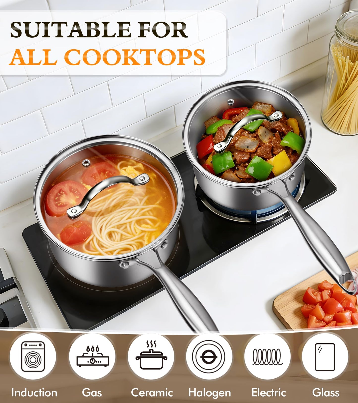 Stainless Steel Saucepan Set with Lids 1.5QT & 2.2QT, Tri-Ply Stainless Steel Sauce Pot Set, Induction Saucepans, 4 Pcs Nonstick Saucepans Cookware Set, Dishwasher Safe