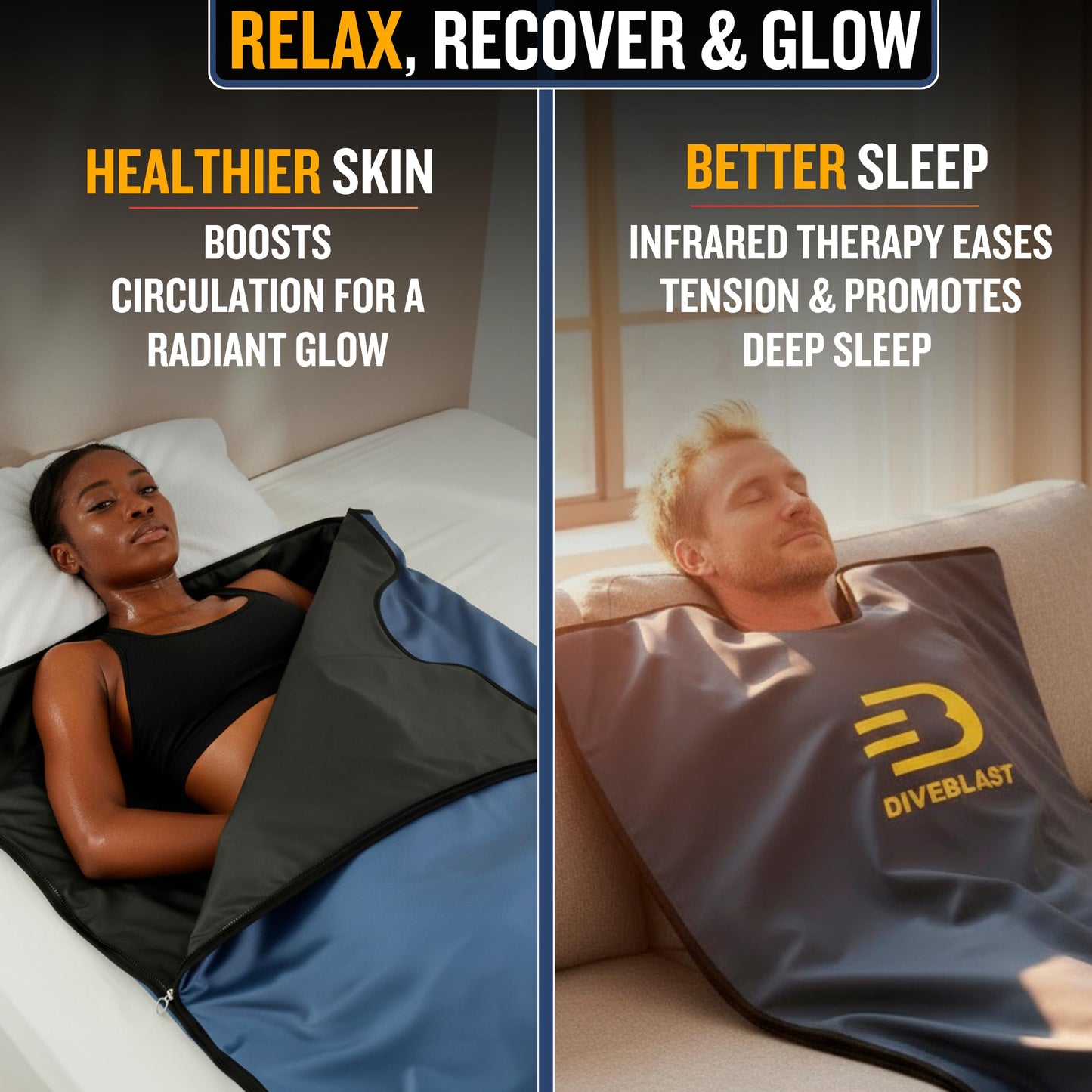 DIVEBLAST Near Zero EMF Far Infrared Sauna Blanket for Home — 71”x 35.6” Portable Infrared Sauna Bag for Weight Loss and Detox — Detoxify, Cleanse and Burn Up to 600 Calories per Session — Dark Blue