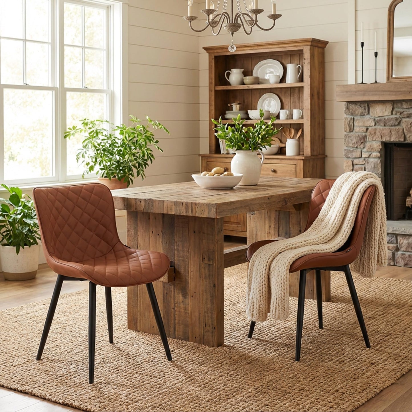 YOUTASTE Mid-Century Modern Dining Chairs Set of 2, Coffee Brown PU Leather Kitchen Accent Chair with Black Metal Legs, for Living Room, Guest Room, Waiting Area