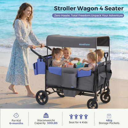 MOMFANN Wagon Stroller for 4 Kids, All-Terrain 4-Seater Folding Wagon with 5-Point Harness, Adjustable Push-Pull Handle, Removable Canopy, Oversized Storage Organizer, Compact Fold - Grey