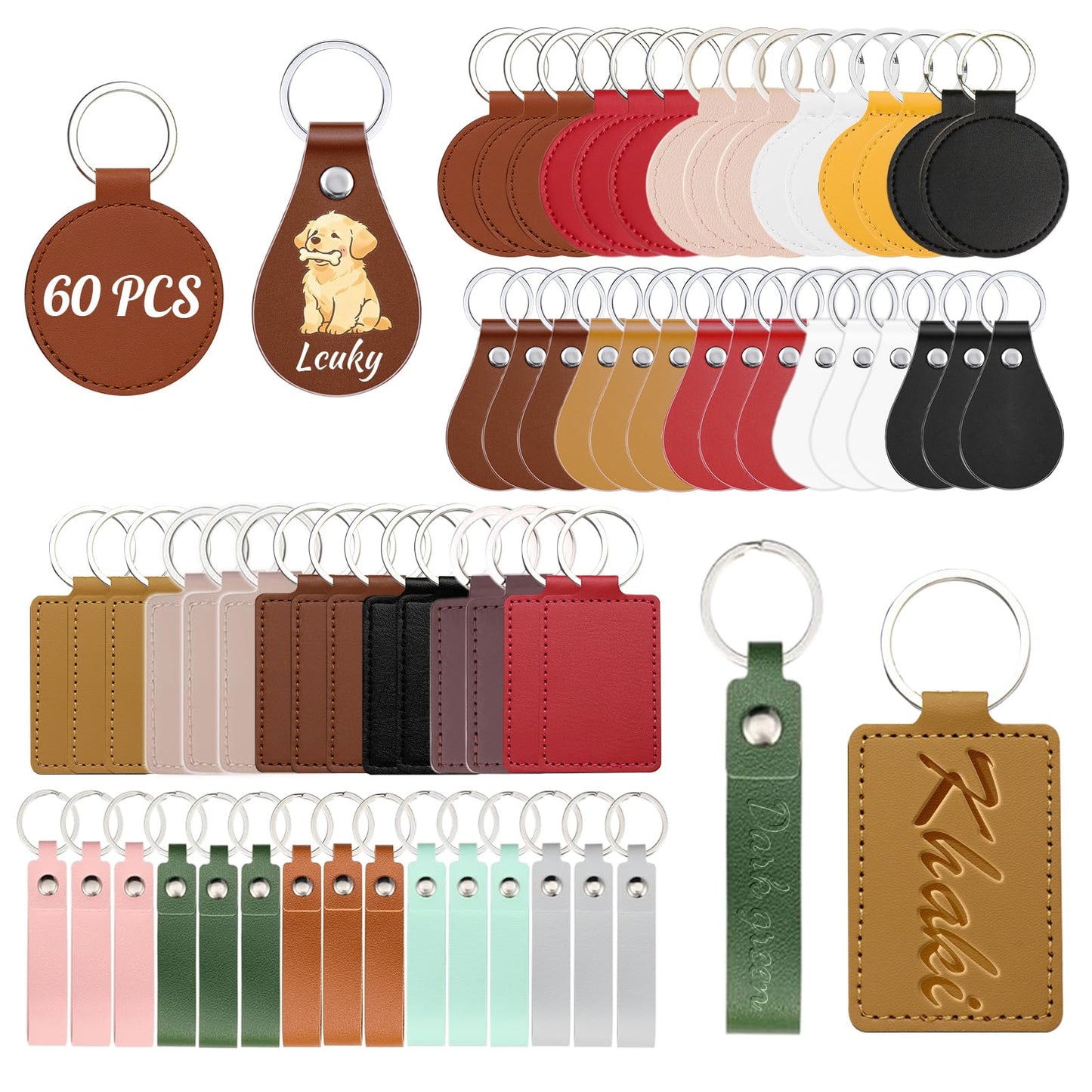60Pcs PU Leather Key Fob Blanks with Key Rings, Multi Colors Round, Teardrop, Rectangular, Long Strip Keychain Blanks for Laser Engraving, DIY Leather Stamping, Crafting and Keychain Making
