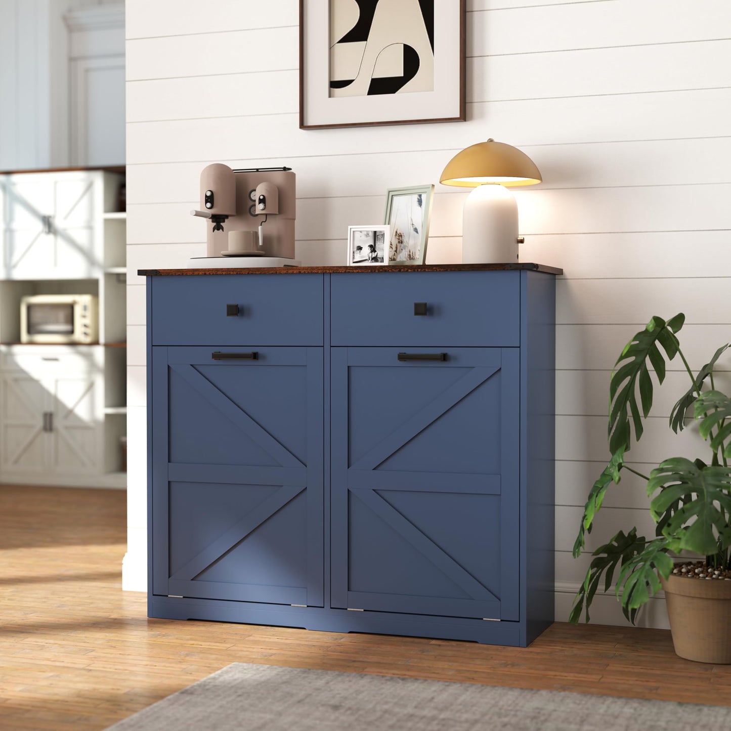 Blue Double Tilt Out Trash Cabinet for 20 Gallon Trash Cans, Free Standing Recycling Cabinet with Hideaway Drawer, Barn Door Style Laundry Sorter Cabinet, Tilt Out Trash Cabinet for Kitchen