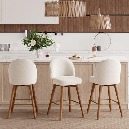 Daluvenix Modern Swivel Bar Stools Set of 3, Chic Upholstered Counter Height（26IN） Bar Chair with Back, Solid Wood Legs and Footrest, Comfortable Chenille Bar Stool for Kitchen Island, Cream White