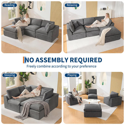 Modular Sectional Couches for Living Room, 110" Cloud Couch, 4 Seater l-Shaped Chenille Sofa Movable Ottoman
