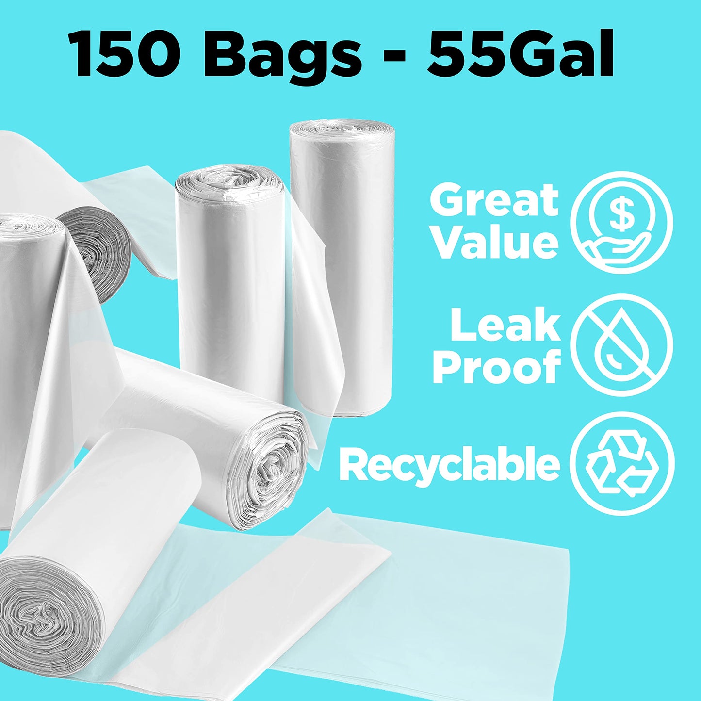 ToughBag 55 Gallon Clear Trash Bags (150 COUNT) – Large Clear Trash Bags 55-60 Gallon Heavy Duty Can Liners - Made in USA