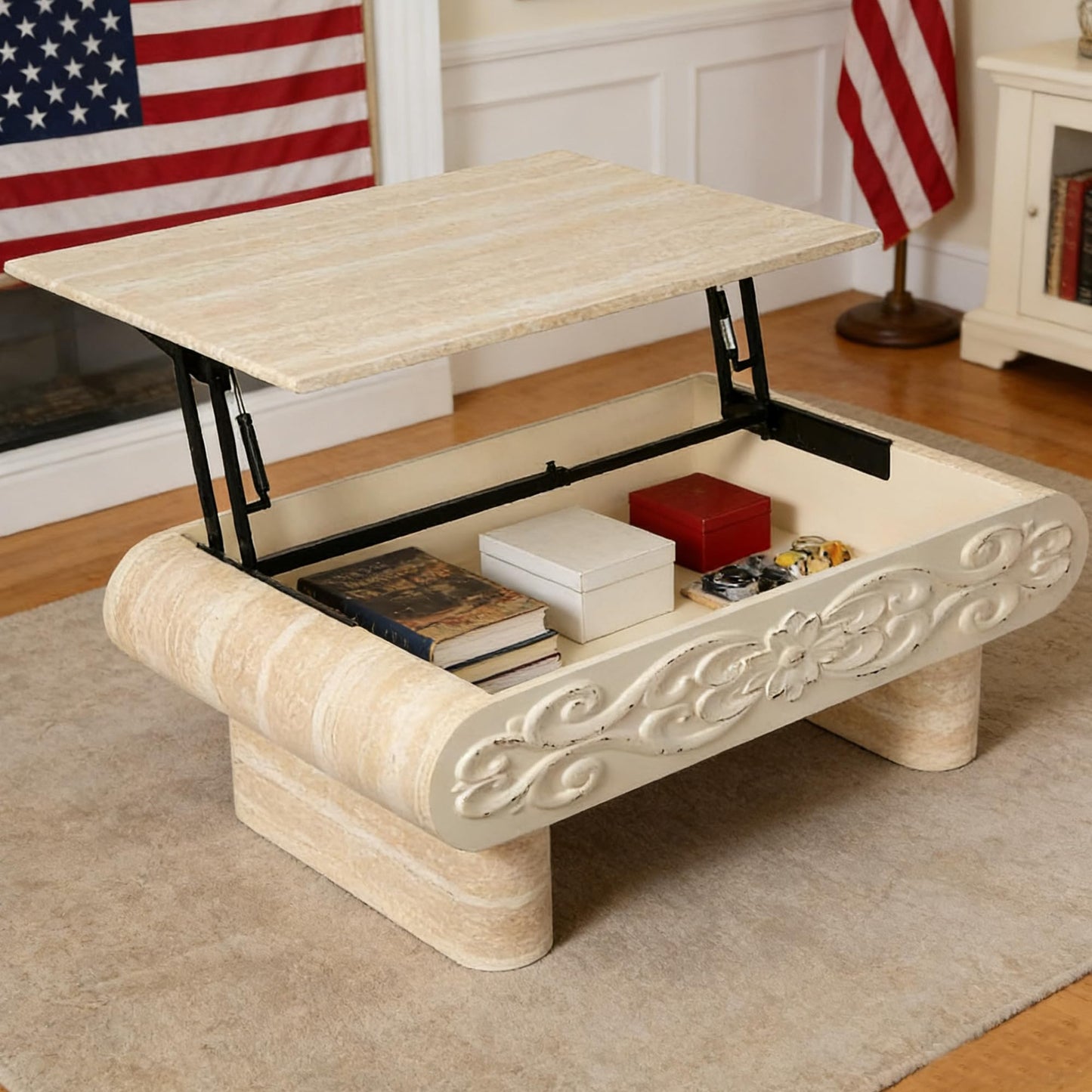 GDFStudio 39.4" Rectangle Lift Top Coffee Table with Hidden Storage, Modern Extendable Center Table with Shelf & Curved Legs, Wooden Coffee Table for Living Room Small Space, Beige+Yellow