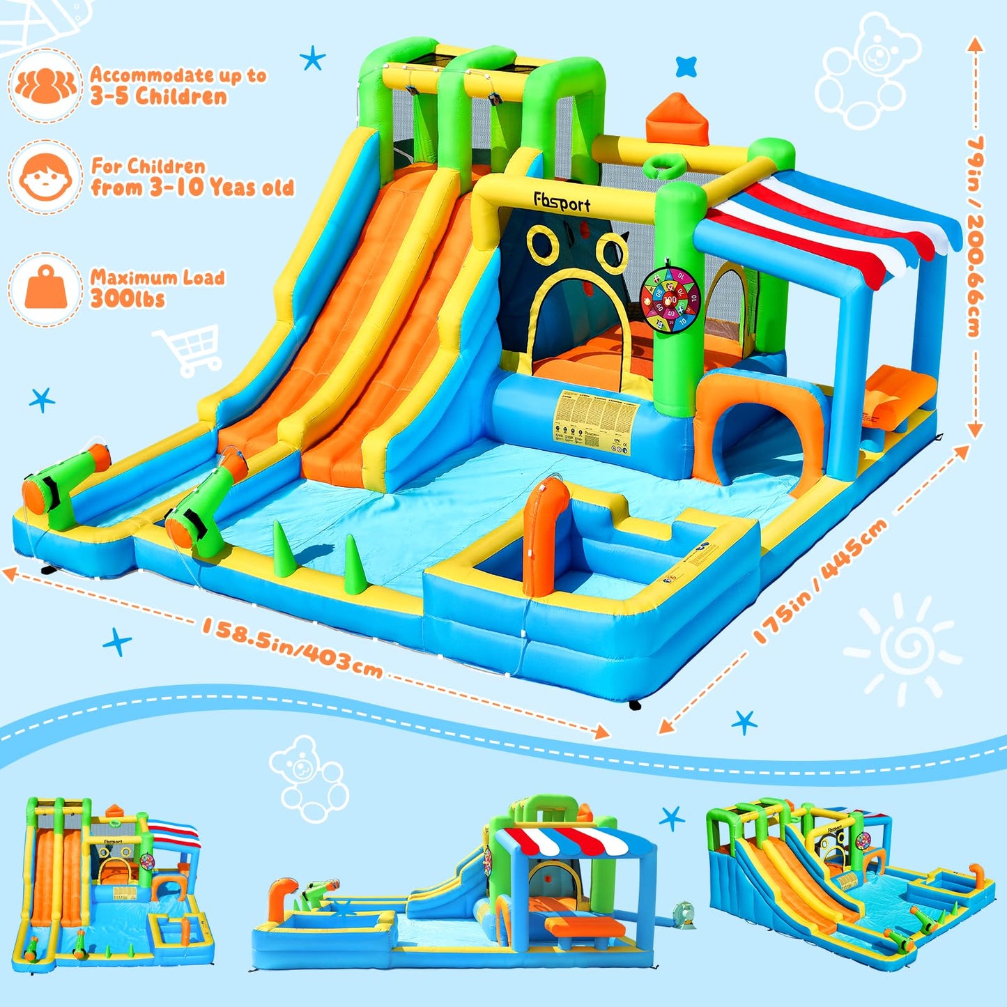 FBSPORT Inflatable Bounce House Double Water Slide,11 in 1 Inflatable Water Slide Park with 680W Blower, Splash Pool, Climbing Wall, Bouncy Castle for Indoor Outdoor Backyard