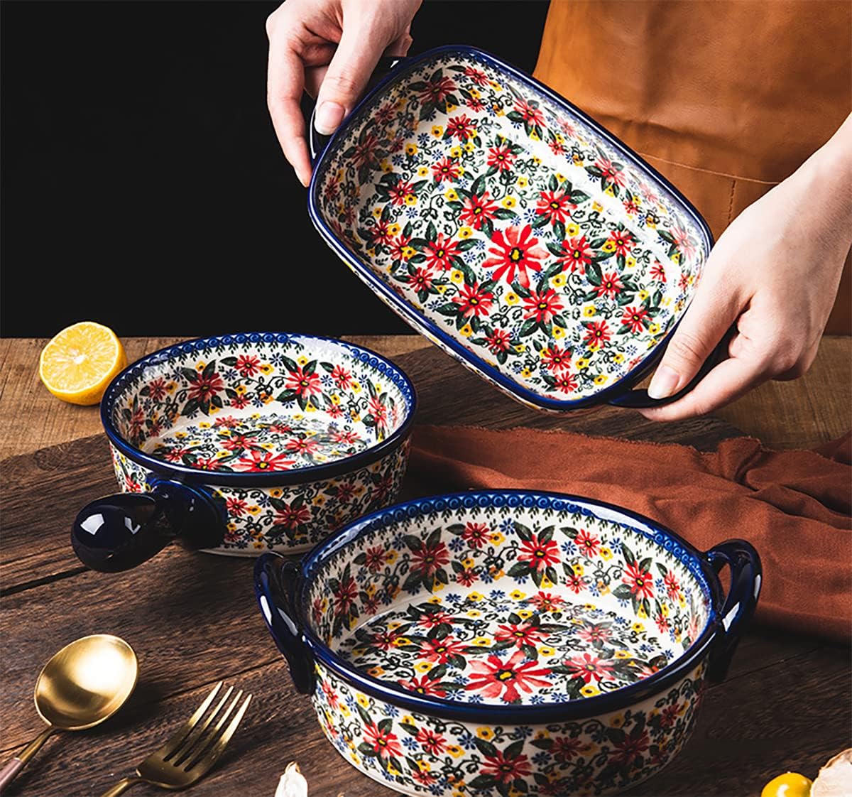Red Daisy Flower Vintage Style Ceramic Bakeware Casserole Dish Baking Pan with Handles