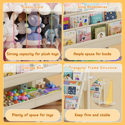 CYXPHION B5 Kids Bookshelf and Toy Storage, Book Shelf for Kids Rooms, Sling Toddler Book Shelves with Stuffed Animal Storage, Montessori Baby Bookcase for Nursery, Bedroom, Playroom, White