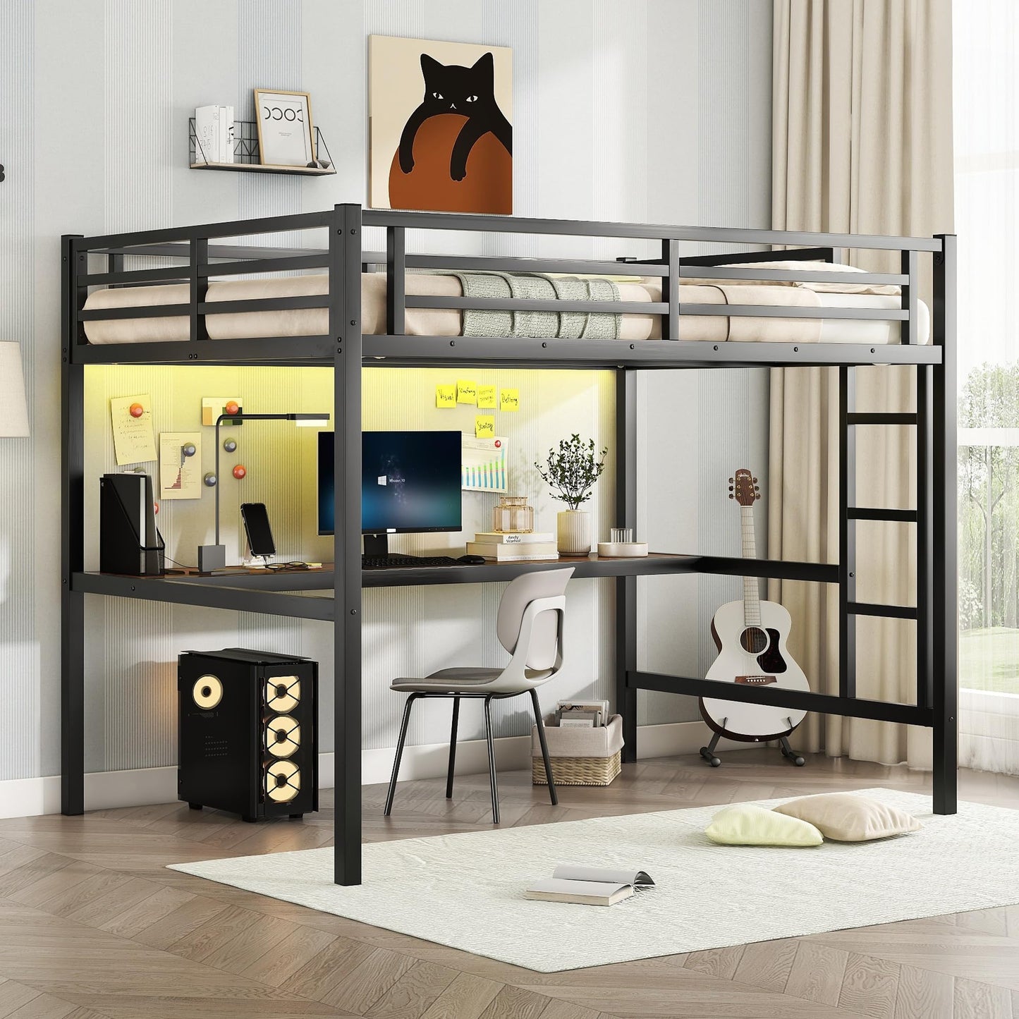 Bellemave Metal Full Size Loft Bed with Desk and Charging Station,Heavy Duty Loft Bed Frame with LED Lights and USB for Kids,Teens,Adults,Full Size,Black