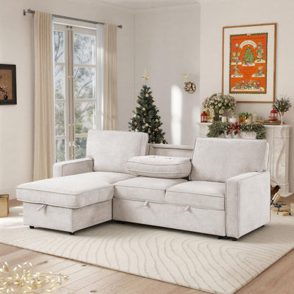 ERYE Comfy L-Shaped Chenille Sofa Bed, L-Shaped Reversible Sleeper Sectional Sofa with Pull Out Sleeper Couch Bed, Drop-Down Cup Holders,Storage Chaise & Dual USB Ports