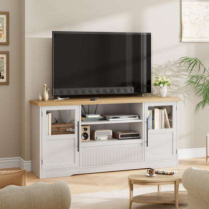 63" TV Stand for TVs up to 72" - Farmhouse Wave Design Entertainment Center with 2 Glass Door Cabinets & Open Shelves for Living Room, White & Natural