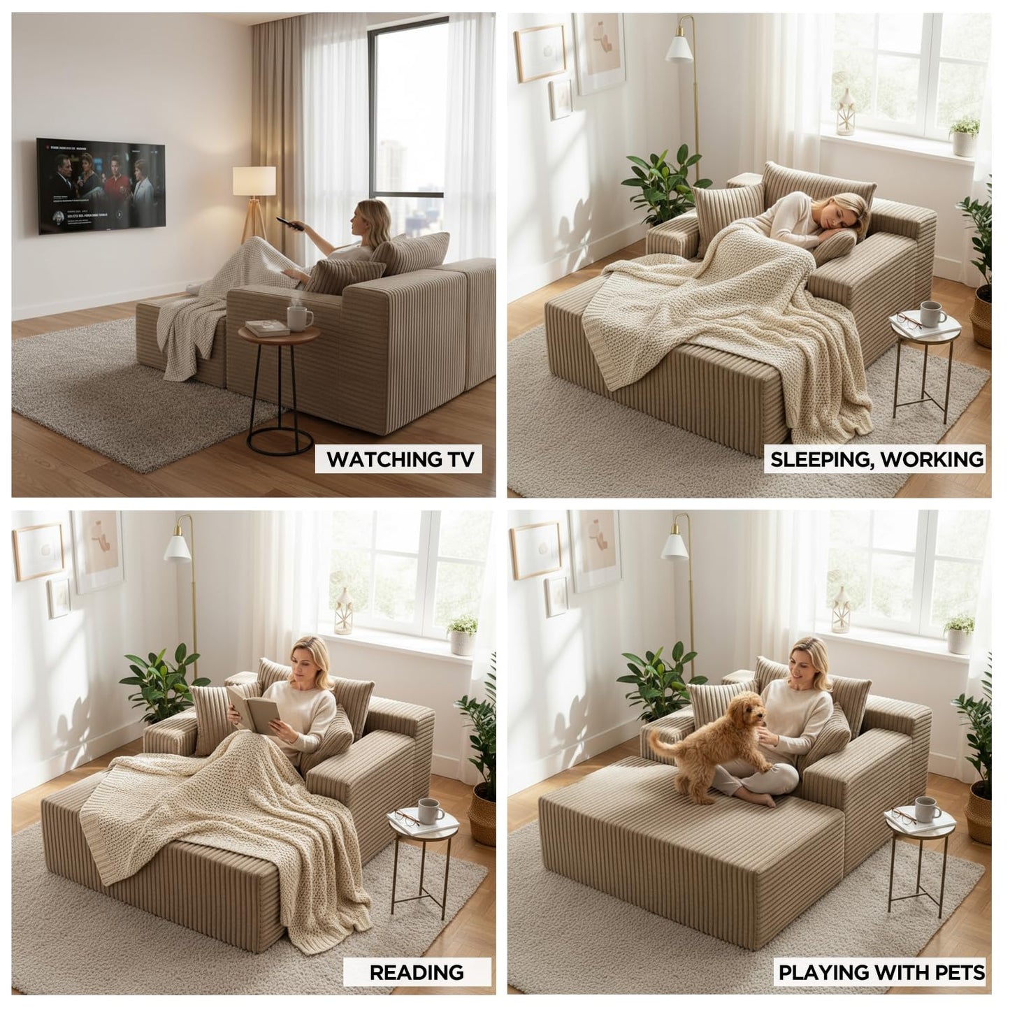 Sytopia Chaise Lounge with Armrests, Oversized Sofa Bed with 3 Pillows, Cozy Couch, Sleeper Reading Chair for Living Room Bedroom, Floor Sofa Corduroy, Furniture Sala, Cashmere Beige