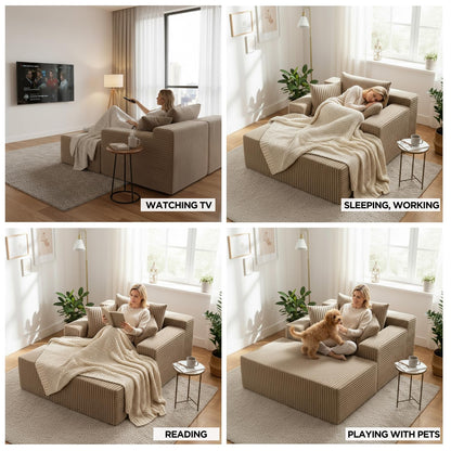 Sytopia Chaise Lounge with Armrests, Oversized Sofa Bed with 3 Pillows, Cozy Couch, Sleeper Reading Chair for Living Room Bedroom, Floor Sofa Corduroy, Furniture Sala, Cashmere Beige