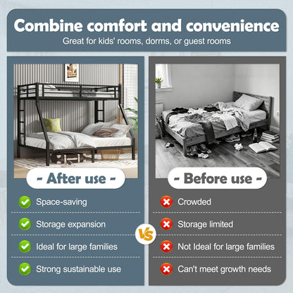 Bellemave Metal Twin XL Over Queen Bunk Bed for Adults/Kids,Heavy Duty Adults Bunk Beds with Guardrail & Ladders,Queen Size Bunk Beds for Teens,Black