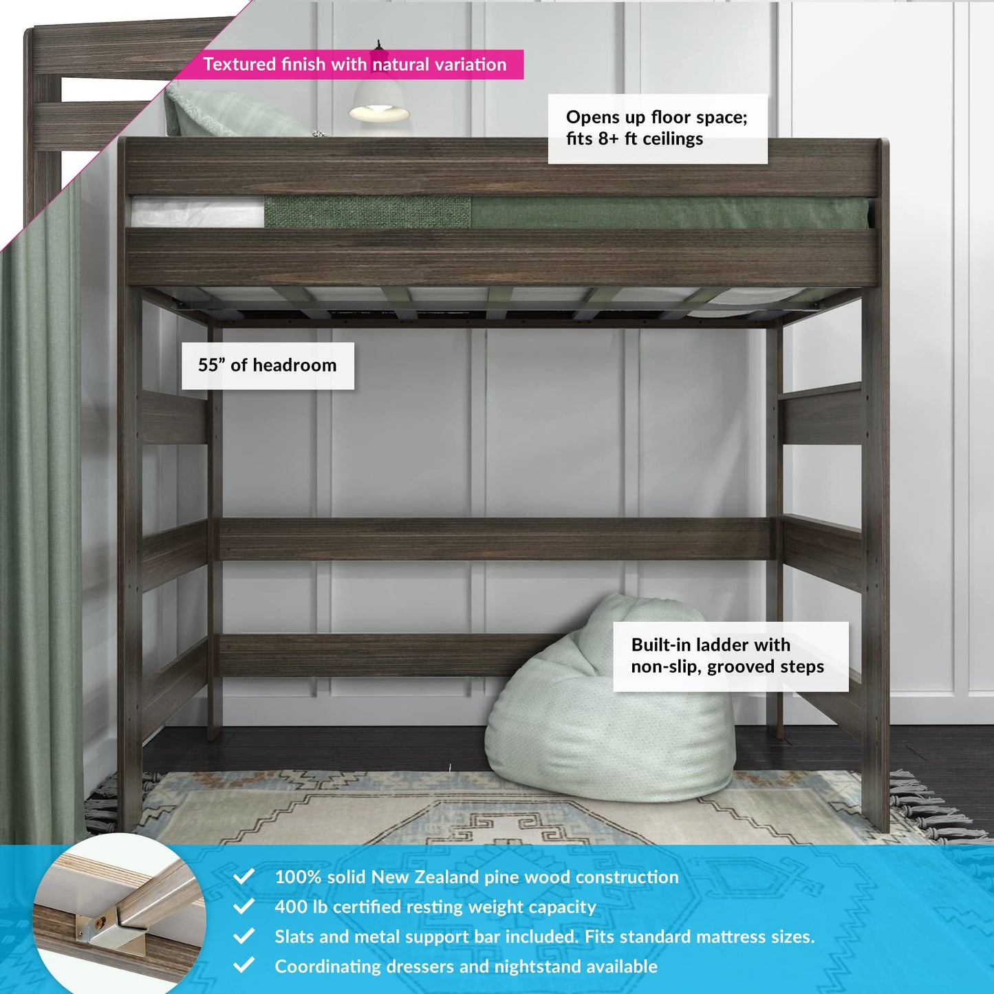 Max & Lily Modern Farmhouse High Loft Bed, Twin Bed Frame For Kids, Barnwood Brown