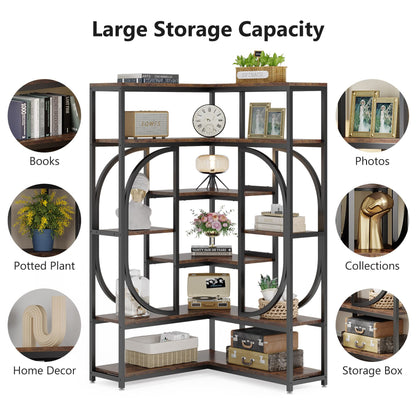 LITTLE TREE Large Corner Bookshelf Industrial Bookcase for Living Room Home Office,Brown