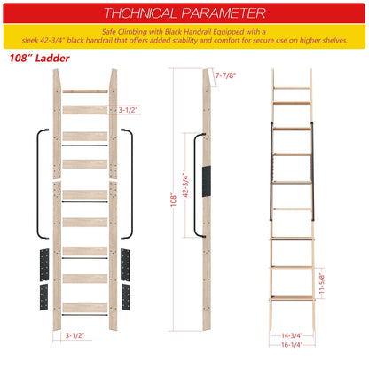 104RDHOUSE 108in Attic Rolling Library Ladder, 9 Step Wooden Ladder with,Ladder Bookshelf,Wall Stairs Red Oak Stair Platform Bunkbed Ladder,for Home Kitchen,Warehouses,Bookstore,DIY Stain