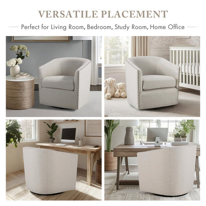 Madison Park Swivel Barrel Accent Chair, Upholstered Curved Back with 7-Inch Thick Woven Cushion, 360° Swivel, Nailhead Trim, Comfy Chair for Living Room, Bedroom, Office, 28" Wide, Neutral, Tyler