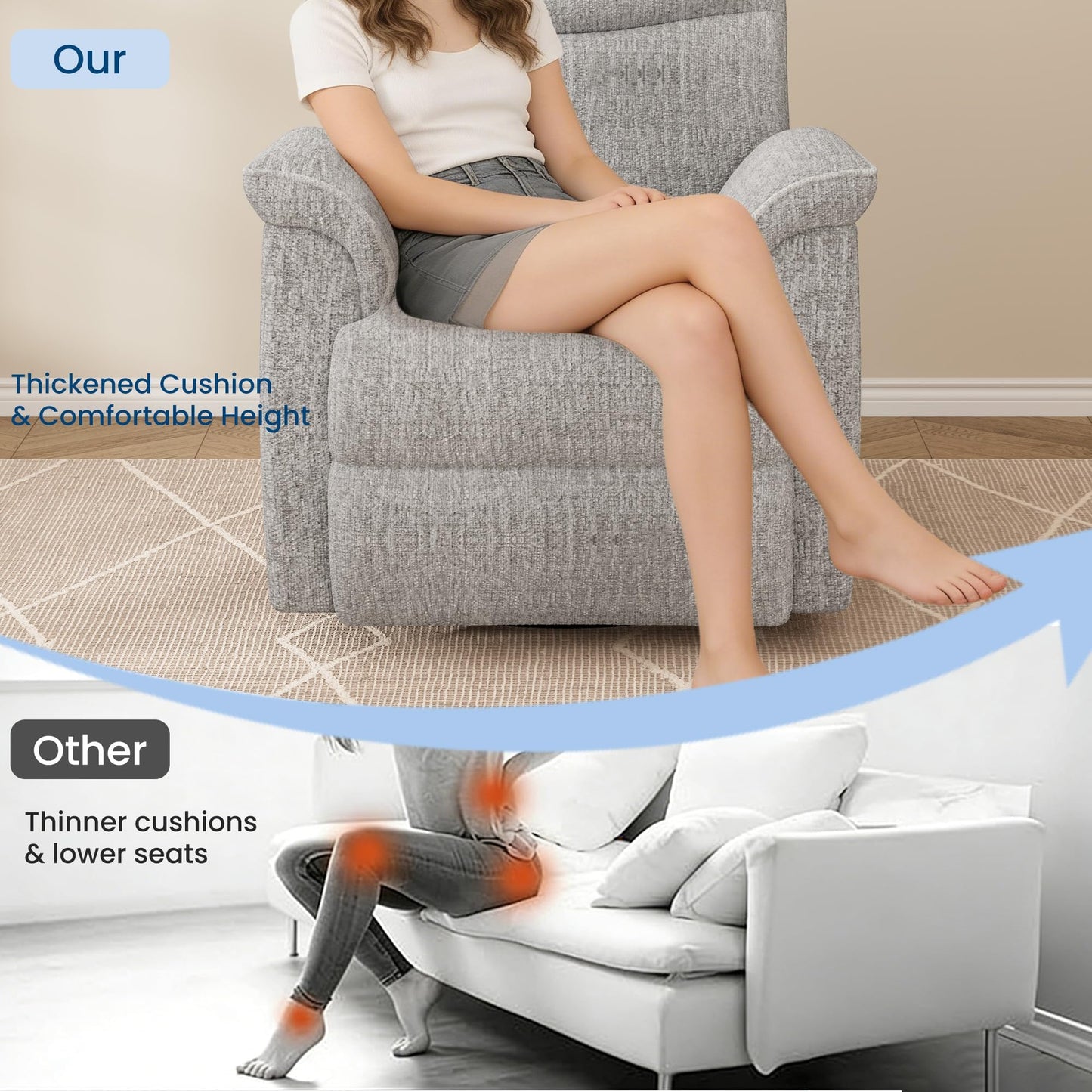 GarveeHome Recliner Chair, 360° Swivel Rocker Glider Nursery Chair with Padded Armrest and Deep Seat, PU Leather Upholstered Reclining Sofa Chair for Living Room, Bedroom and Nursery (Light Gray)