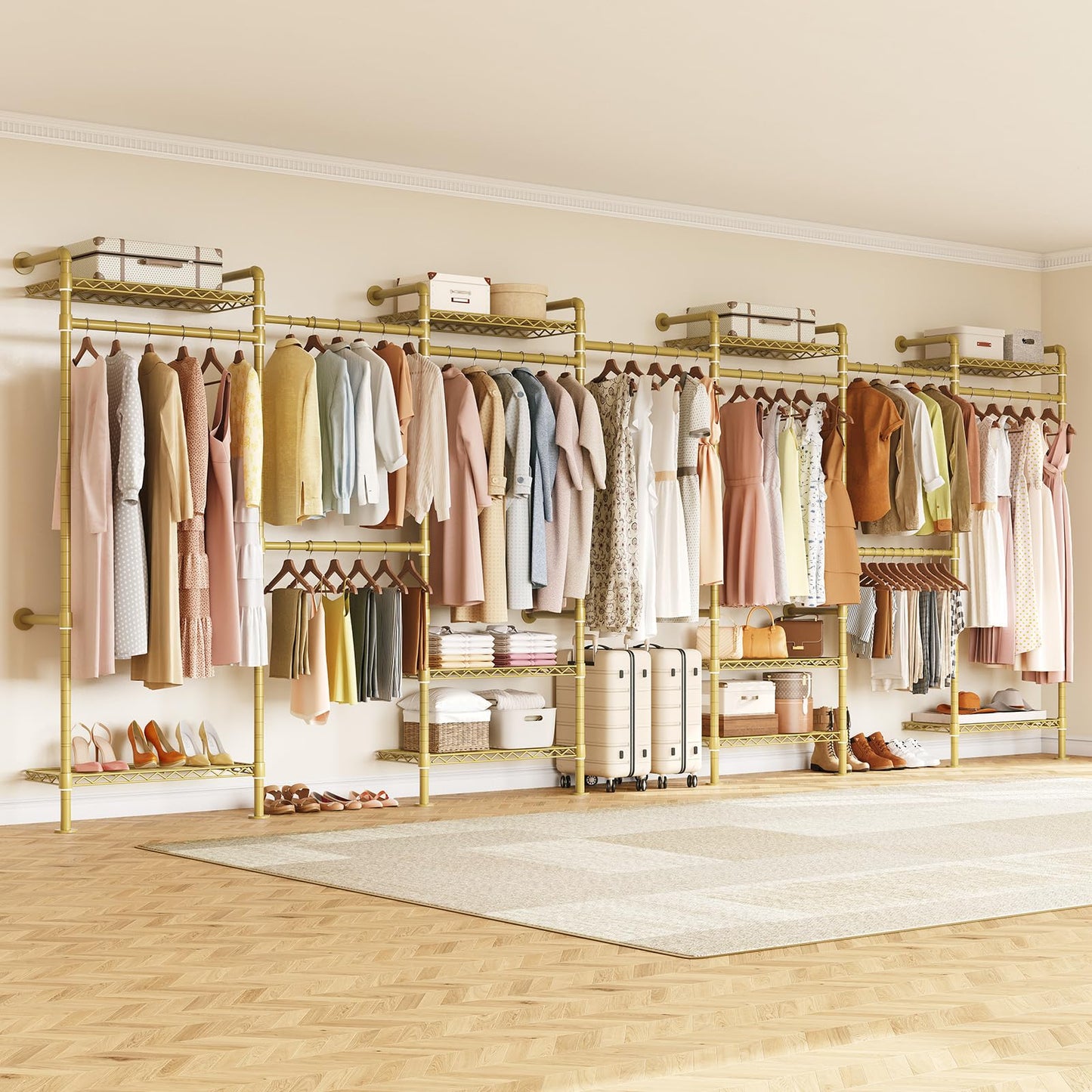 ONBRILL L7 Wall Mounted Industrial Pipe Clothing Rack – Heavy Duty Modular Closet System with 9 Hanging Rods ( 6 Expandable) & 10 Adjustable Shelves, Corner Garment Rack, Large Wardrobe - Gold
