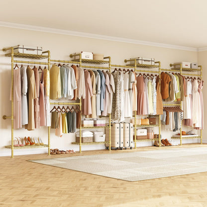 ONBRILL L7 Wall Mounted Industrial Pipe Clothing Rack – Heavy Duty Modular Closet System with 9 Hanging Rods ( 6 Expandable) & 10 Adjustable Shelves, Corner Garment Rack, Large Wardrobe - Gold